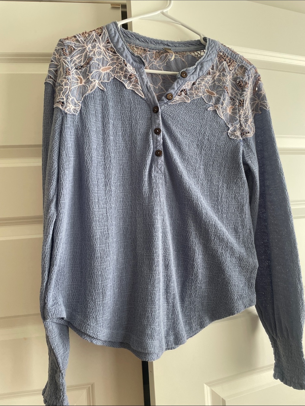 Free People Light Blue Lace Yoke Long Sleeve Henley
